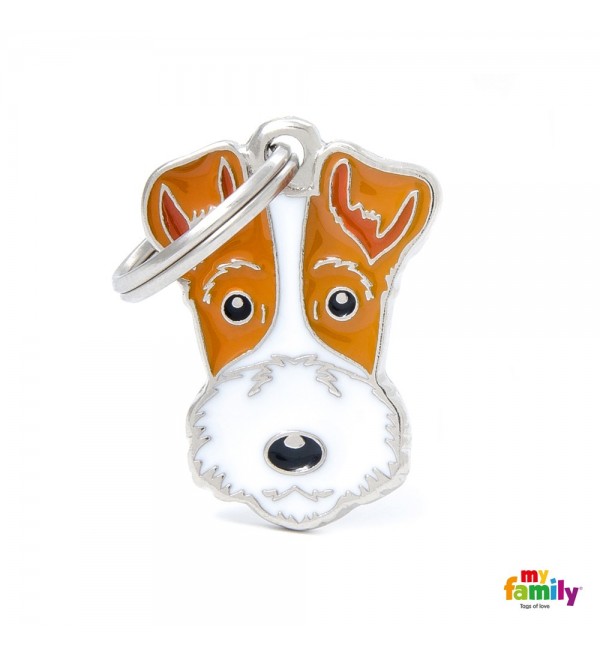 "Chapa Perro Friends Fox Terrier" translates to "Dog Tag Friends Fox Terrier" in English.