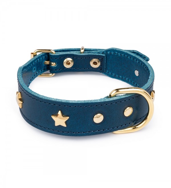 Collar De Cuero Para Perro - Star Azul