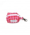 Dog waste bag holder in strawberry Vichy pattern.