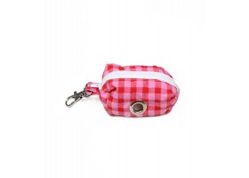 Dog waste bag holder in strawberry Vichy pattern.