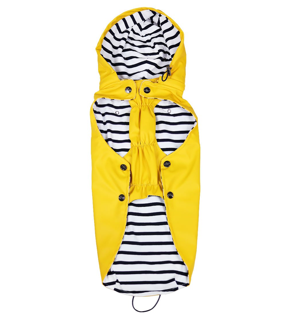 Chubasquero para perro impermeable con capucha, amarillo con forro de rayas navy